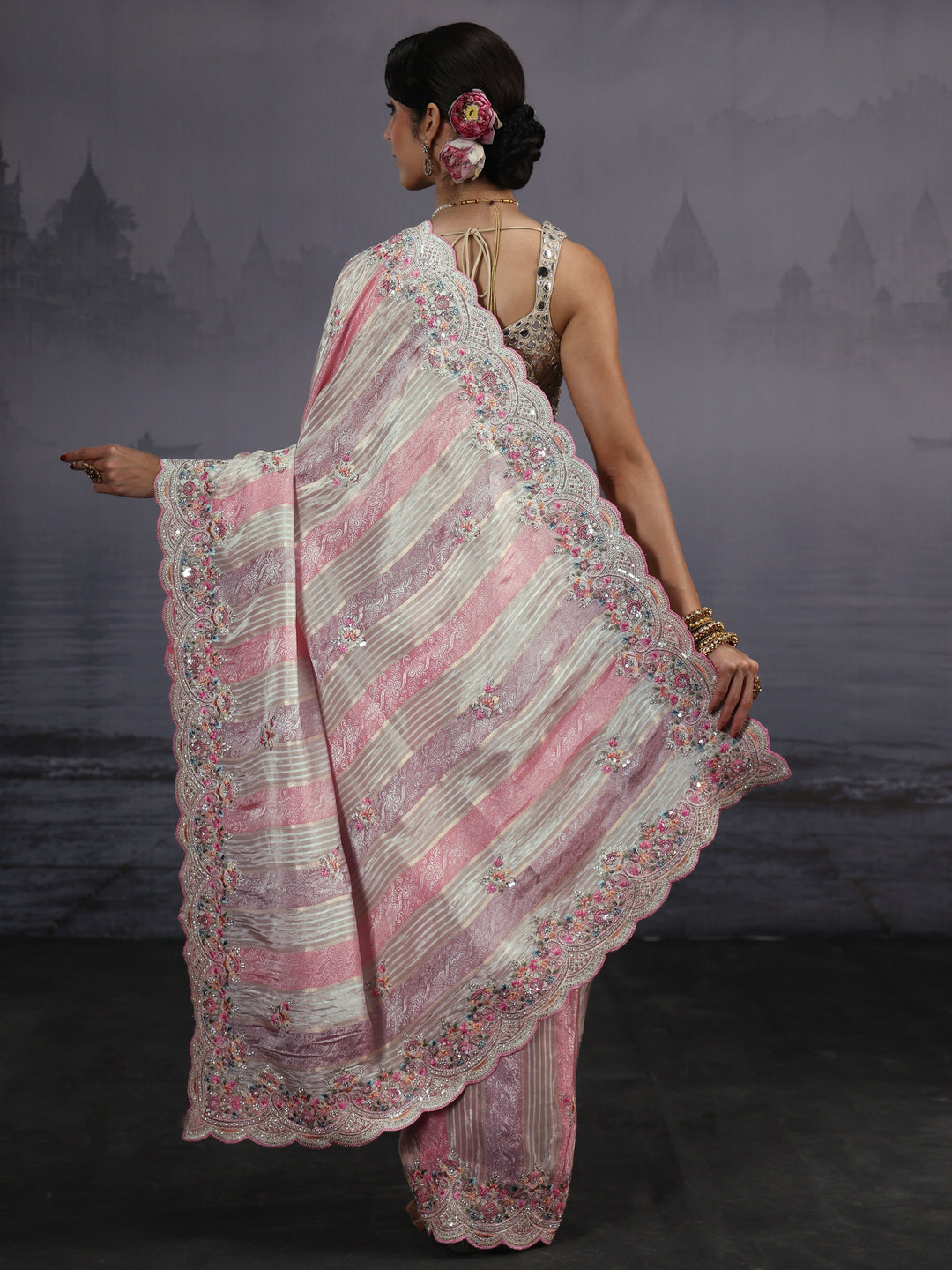  Libas Multi Coloured Striped Silk Blend Saree with Embellished Border 
