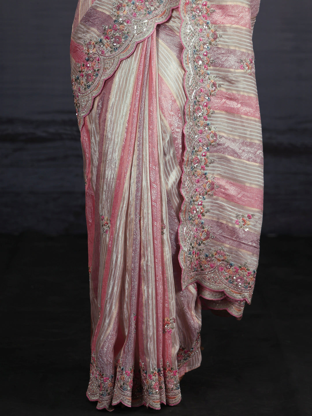  Libas Multi Coloured Striped Silk Blend Saree with Embellished Border 