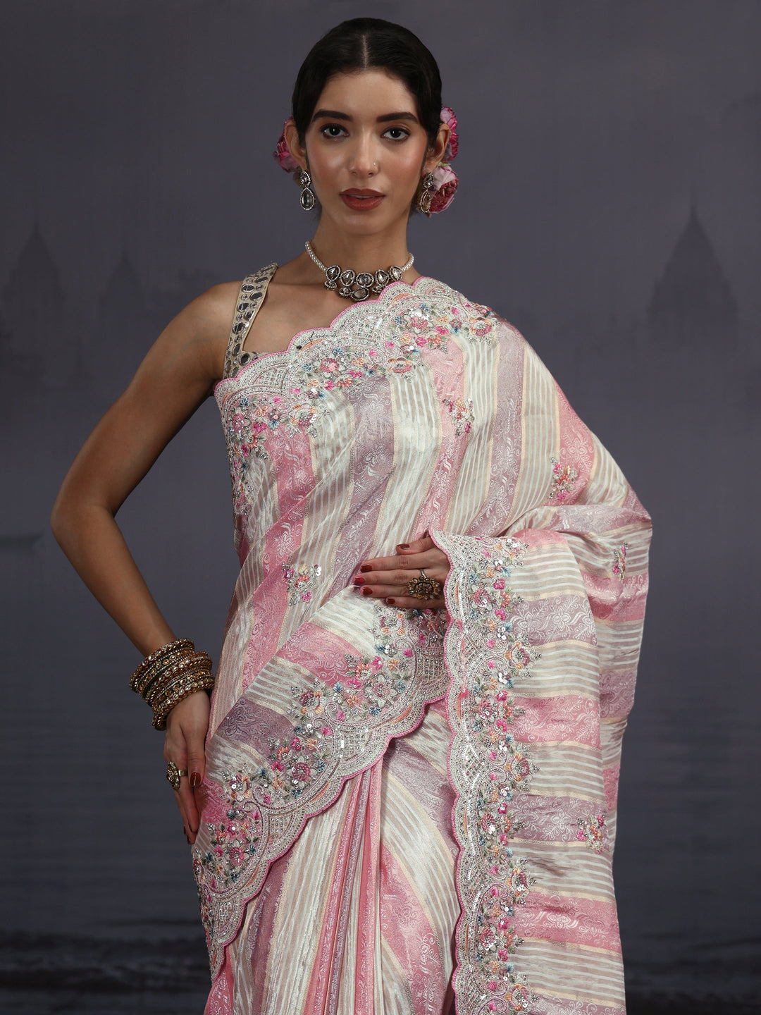  Libas Multi Coloured Striped Silk Blend Saree with Embellished Border 
