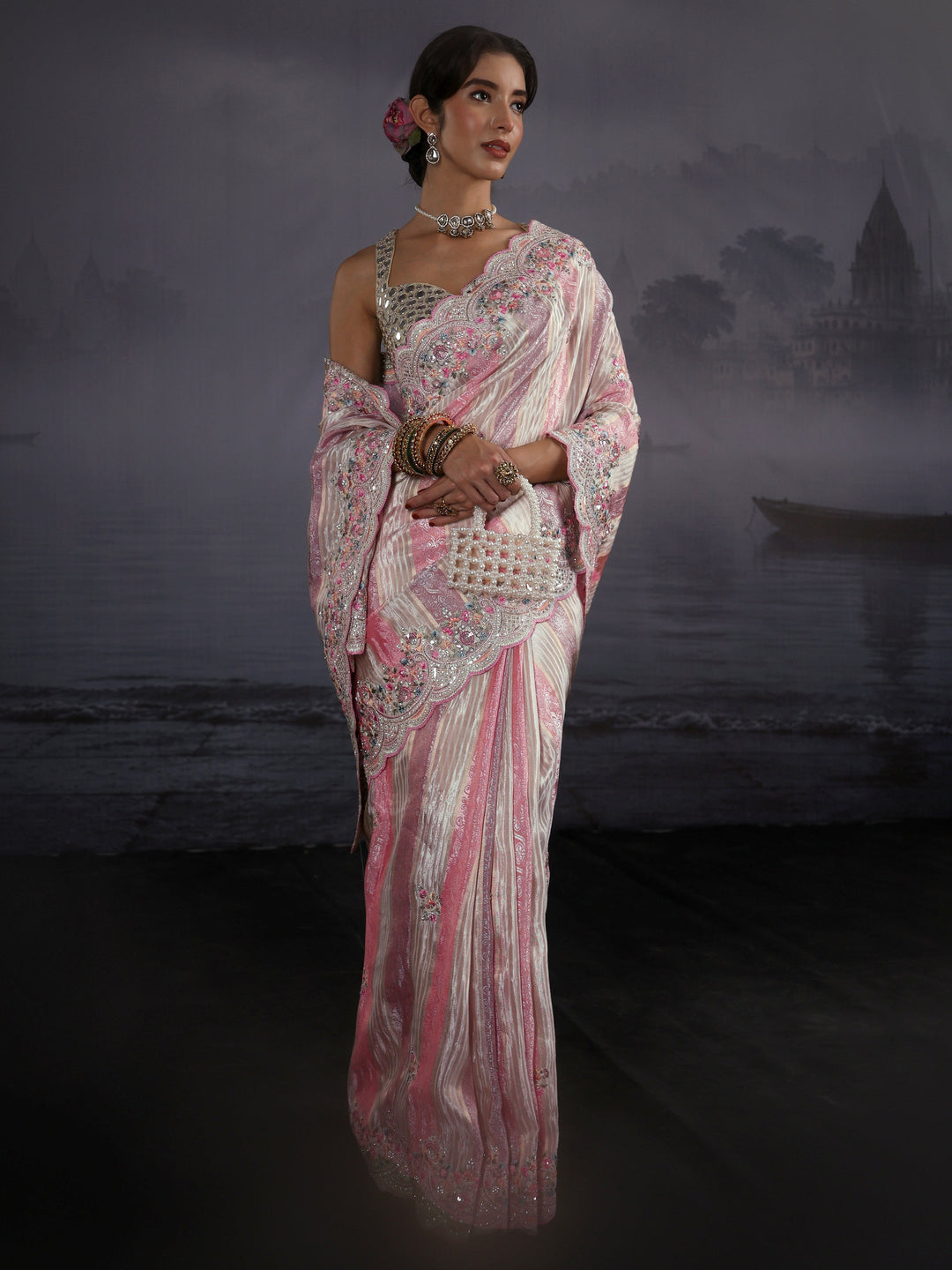  Libas Multi Coloured Striped Silk Blend Saree with Embellished Border 