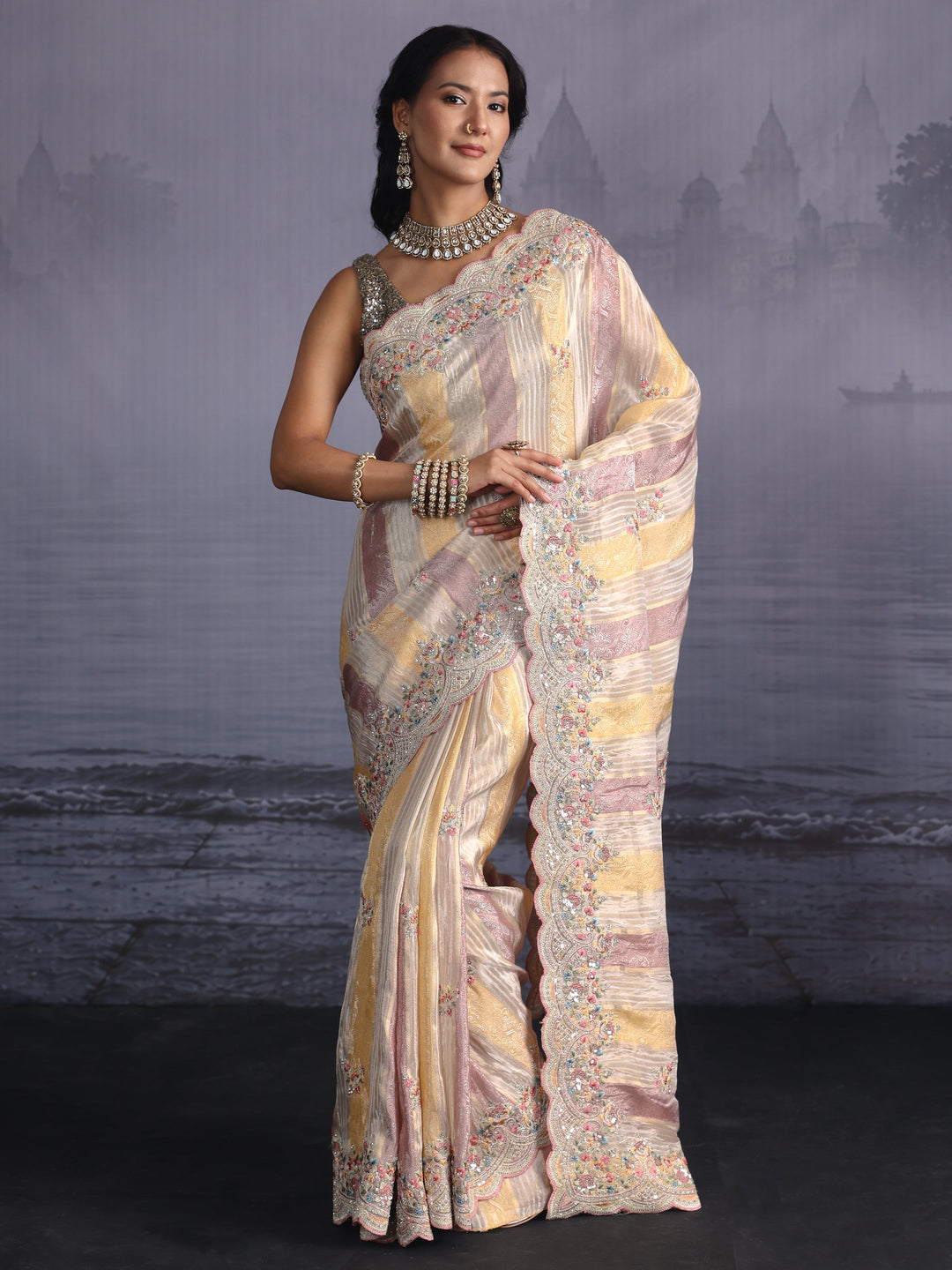  Libas Art Ivory Silk Blend Saree with Floral Embroidered Border 