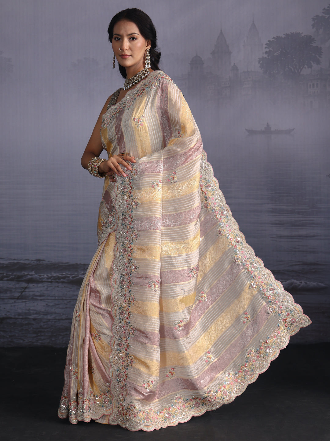  Libas Art Ivory Silk Blend Saree with Floral Embroidered Border 