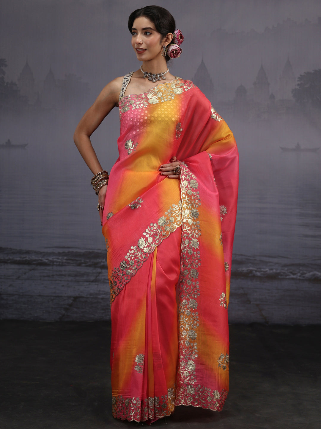  Libas Multi Coloured Floral Embroidered Tissue Saree 