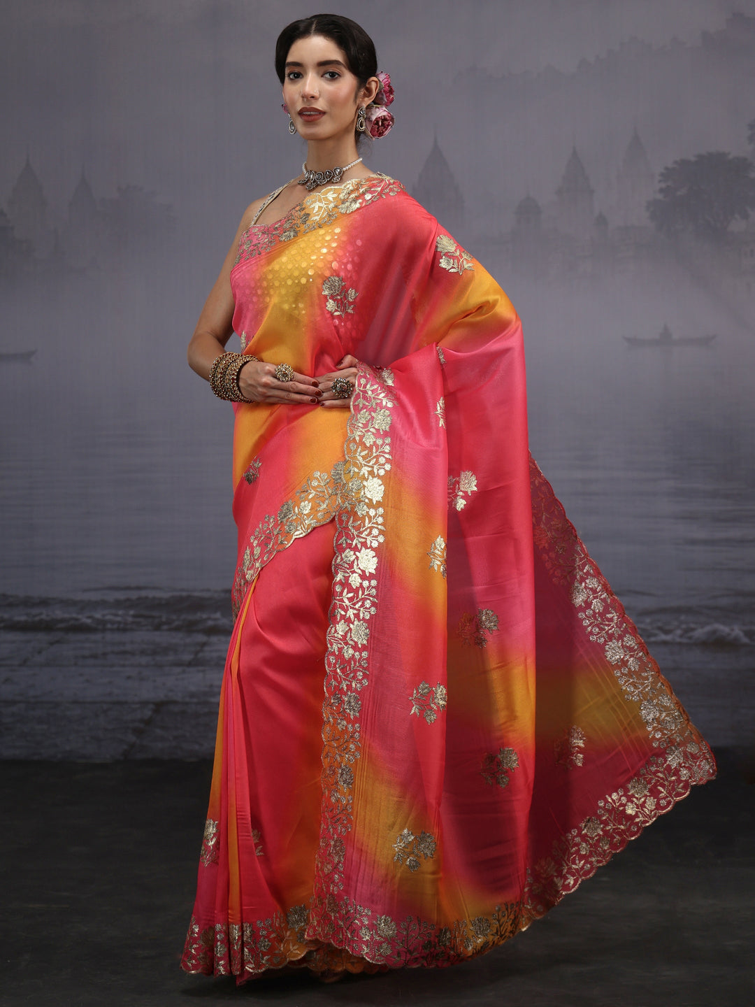  Libas Multi Coloured Floral Embroidered Tissue Saree 