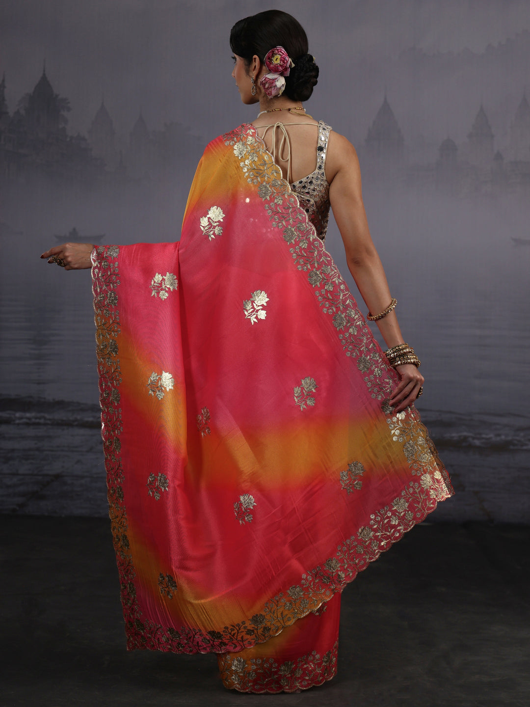 Libas Multi Coloured Floral Embroidered Tissue Saree 