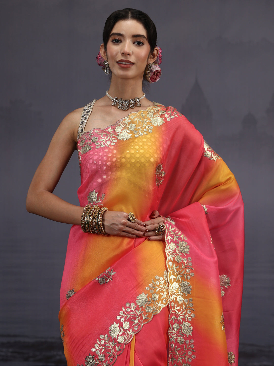  Libas Multi Coloured Floral Embroidered Tissue Saree 