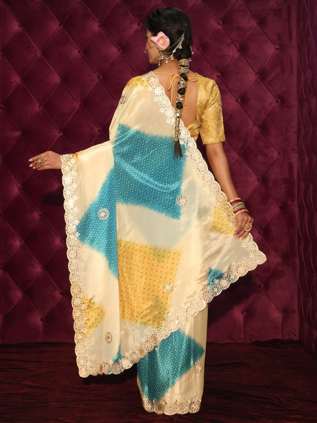  Libas Cream Bandhani Printed Satin Saree 