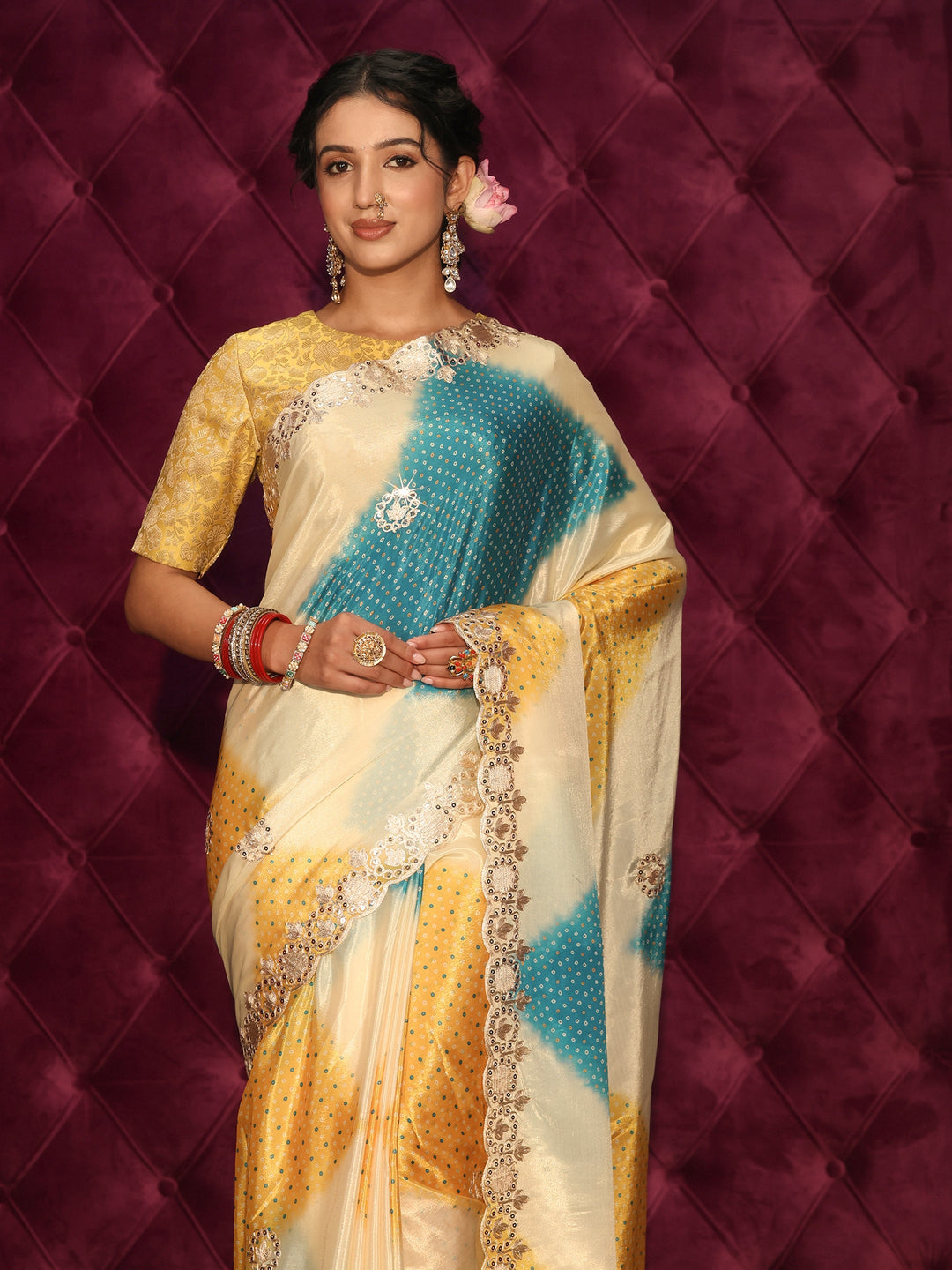  Libas Cream Bandhani Printed Satin Saree 