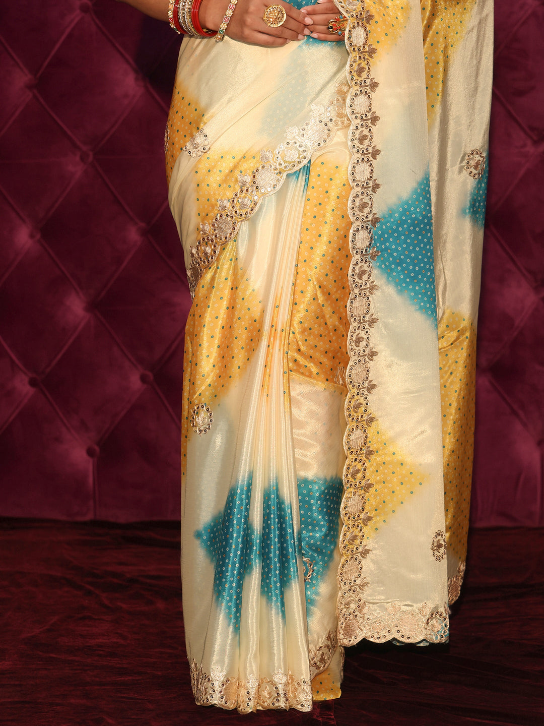  Libas Cream Bandhani Printed Satin Saree 
