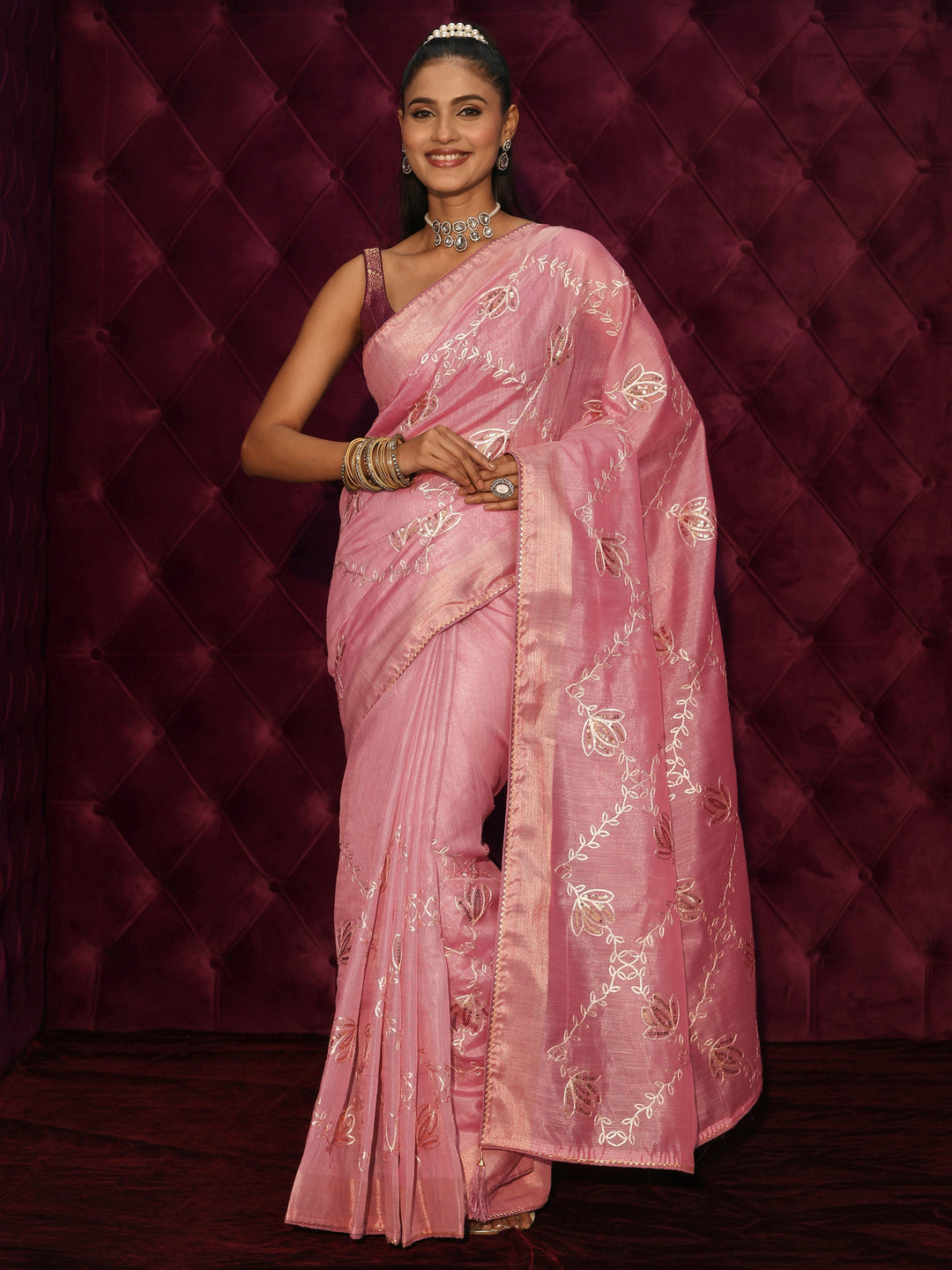  Libas Pink Floral Embroidered Silk Blend Saree 
