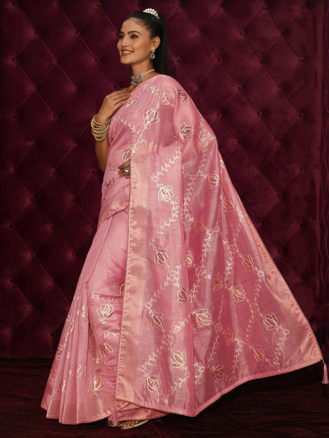  Libas Pink Floral Embroidered Silk Blend Saree 