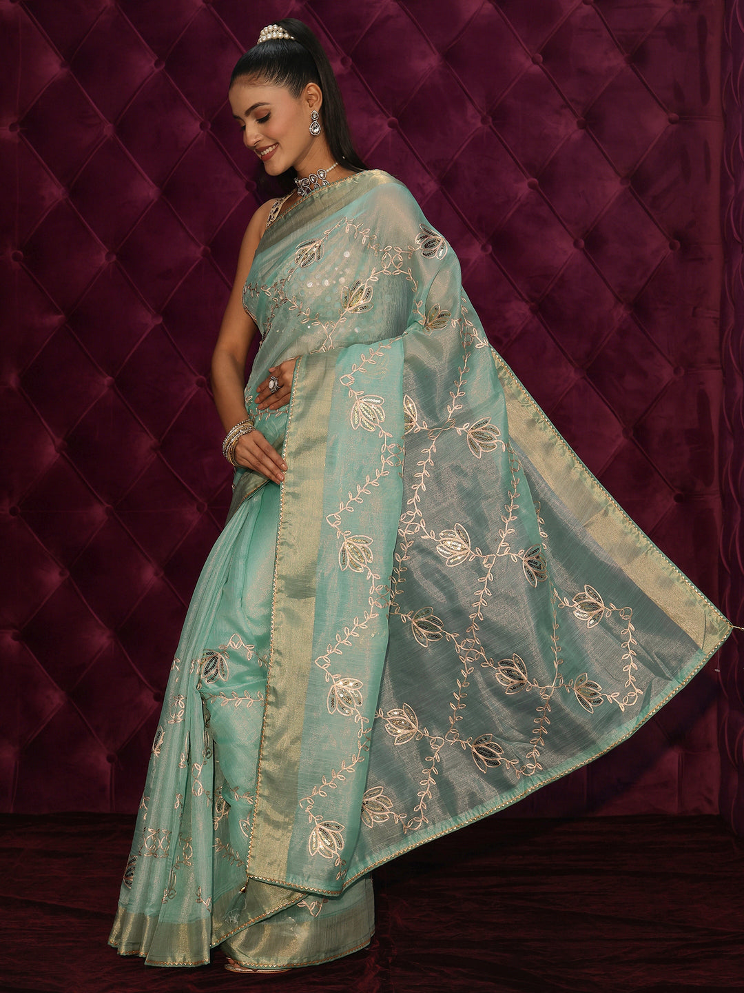  Libas Blue Floral Embroidered Silk Blend Saree 