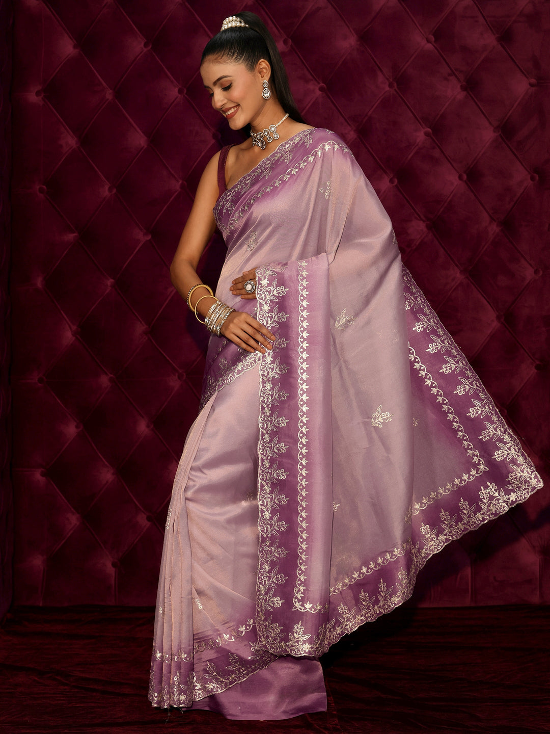 Libas Lavender Floral Embroidered Tissue Saree 