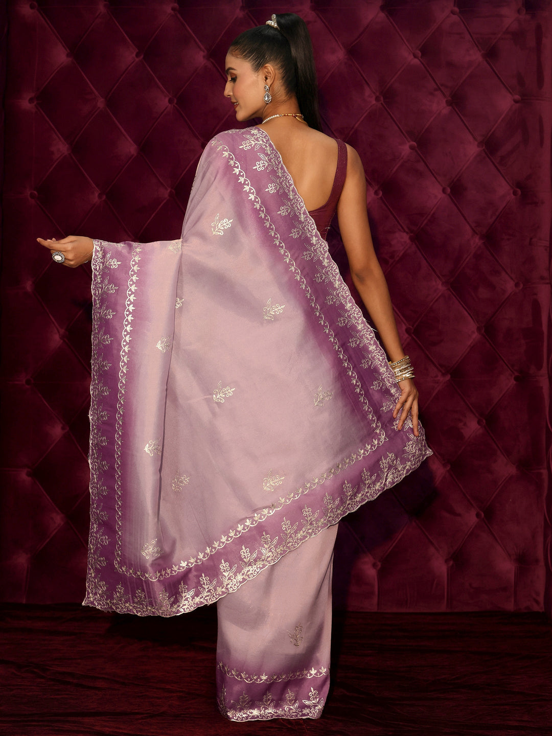  Libas Lavender Floral Embroidered Tissue Saree 