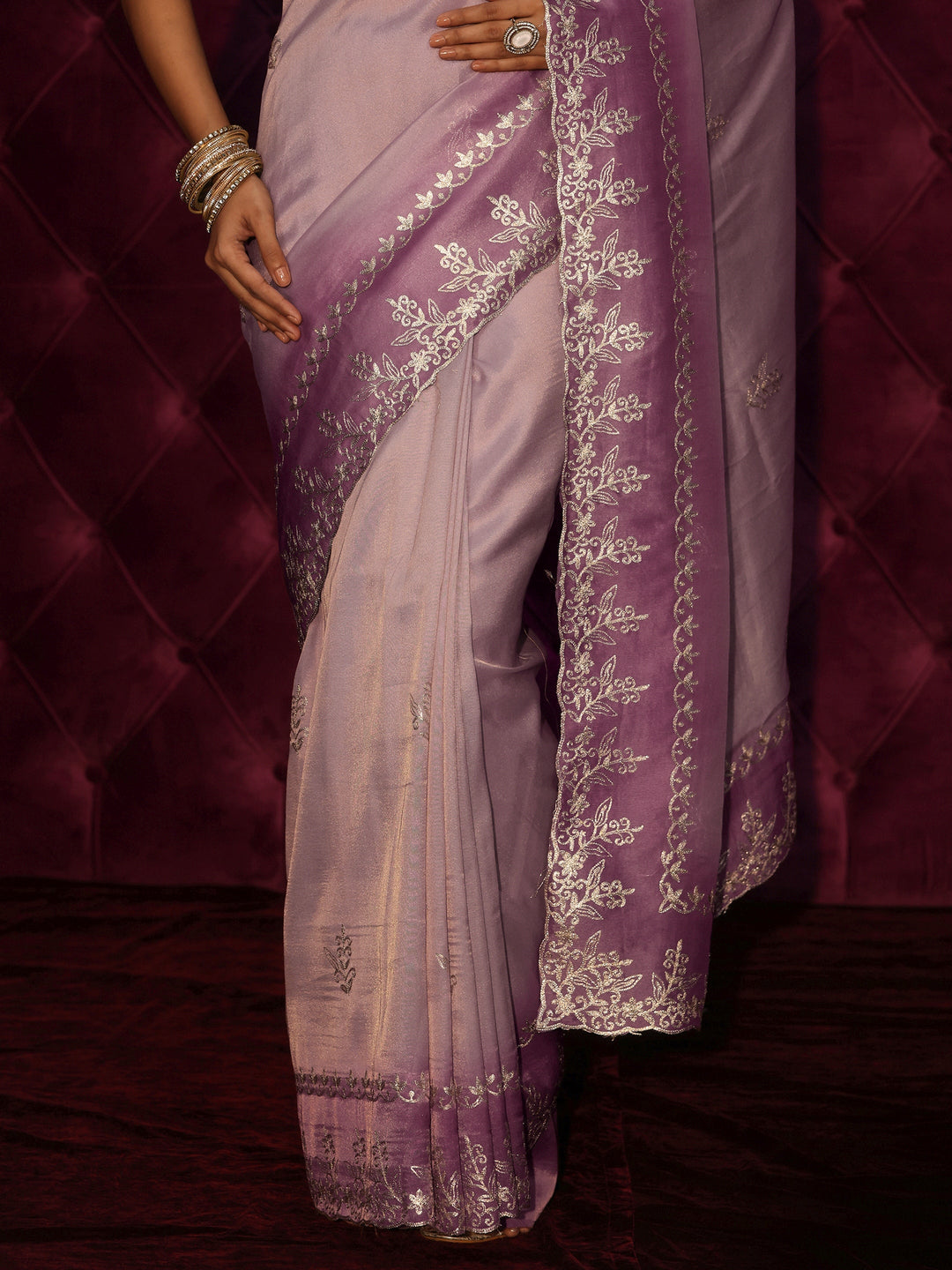 Libas Lavender Floral Embroidered Tissue Saree 