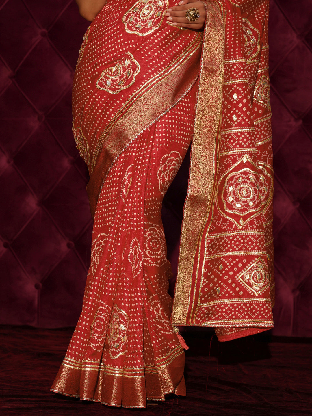  Libas Red Bandhani Printed Silk Blend Saree 
