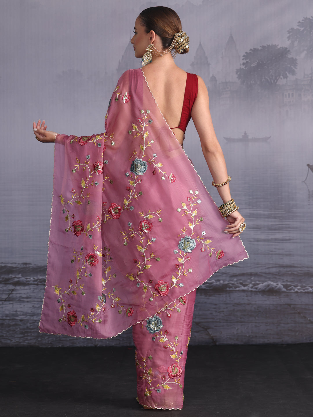  Libas Mauve Floral Embroidered Tissue Saree with Scalloped Border 