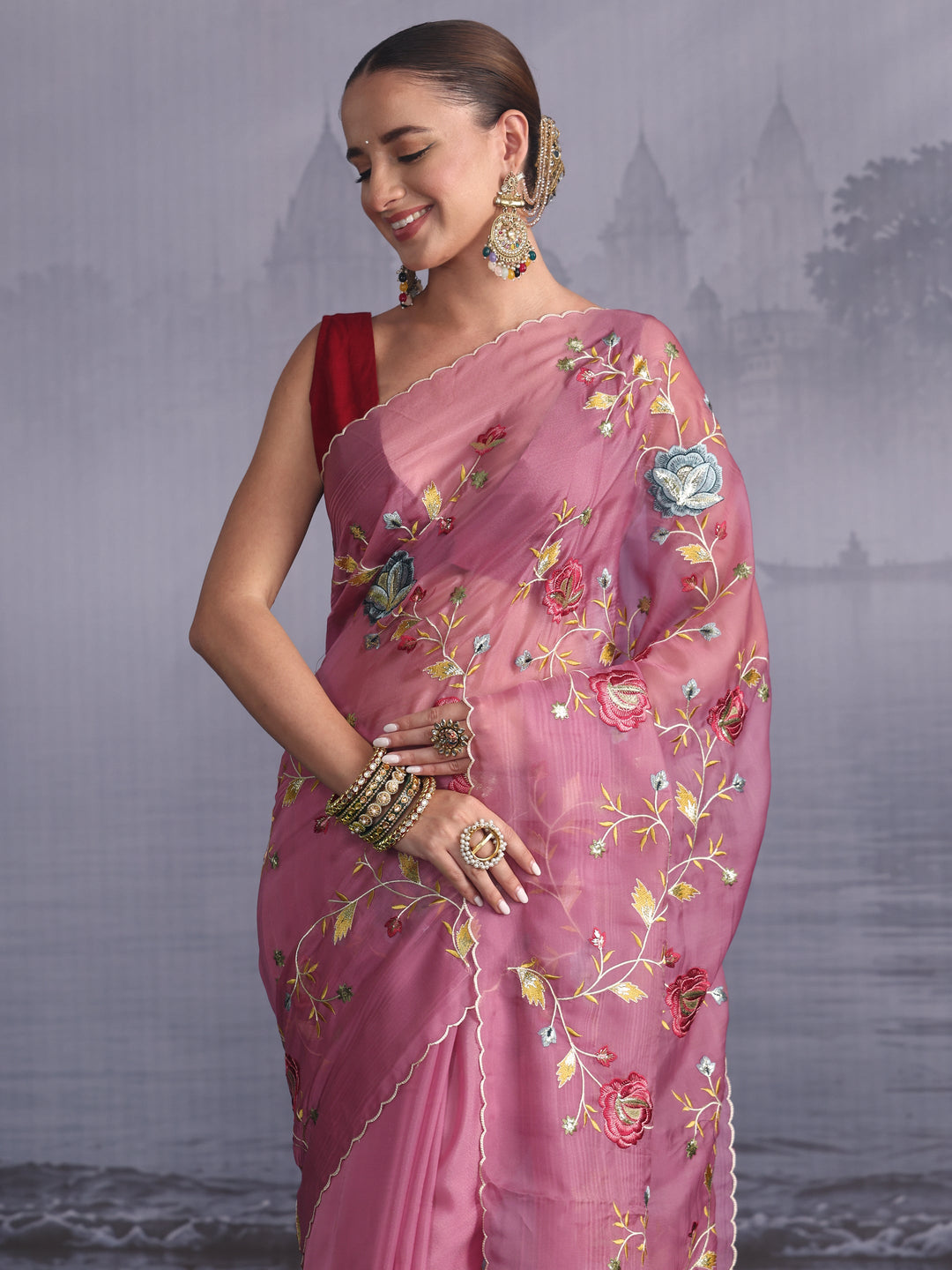  Libas Mauve Floral Embroidered Tissue Saree with Scalloped Border 