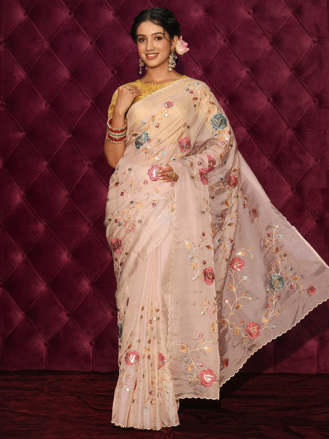  Libas Light Taupe Floral Embroidered Tissue Saree 