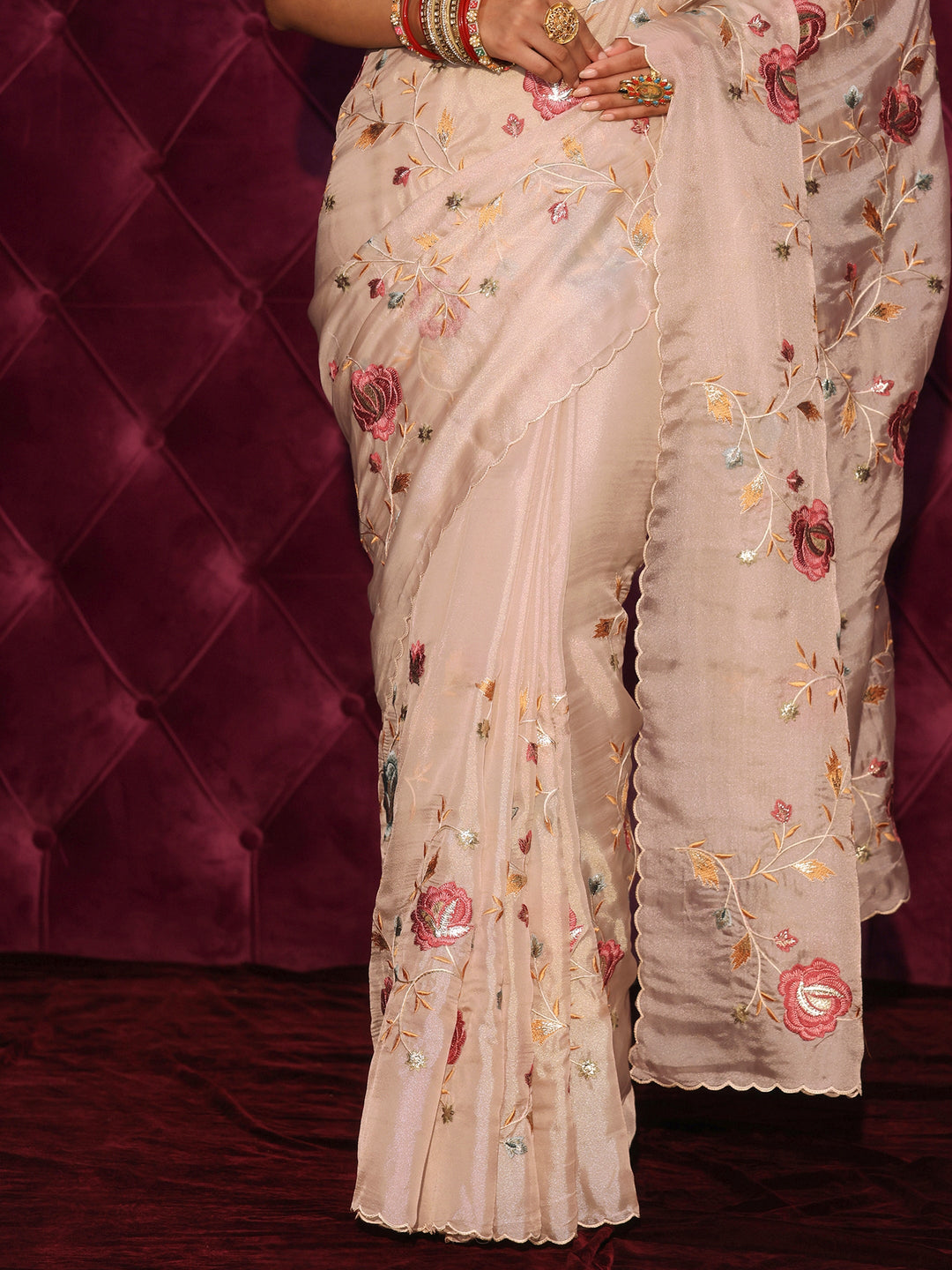  Libas Light Taupe Floral Embroidered Tissue Saree 