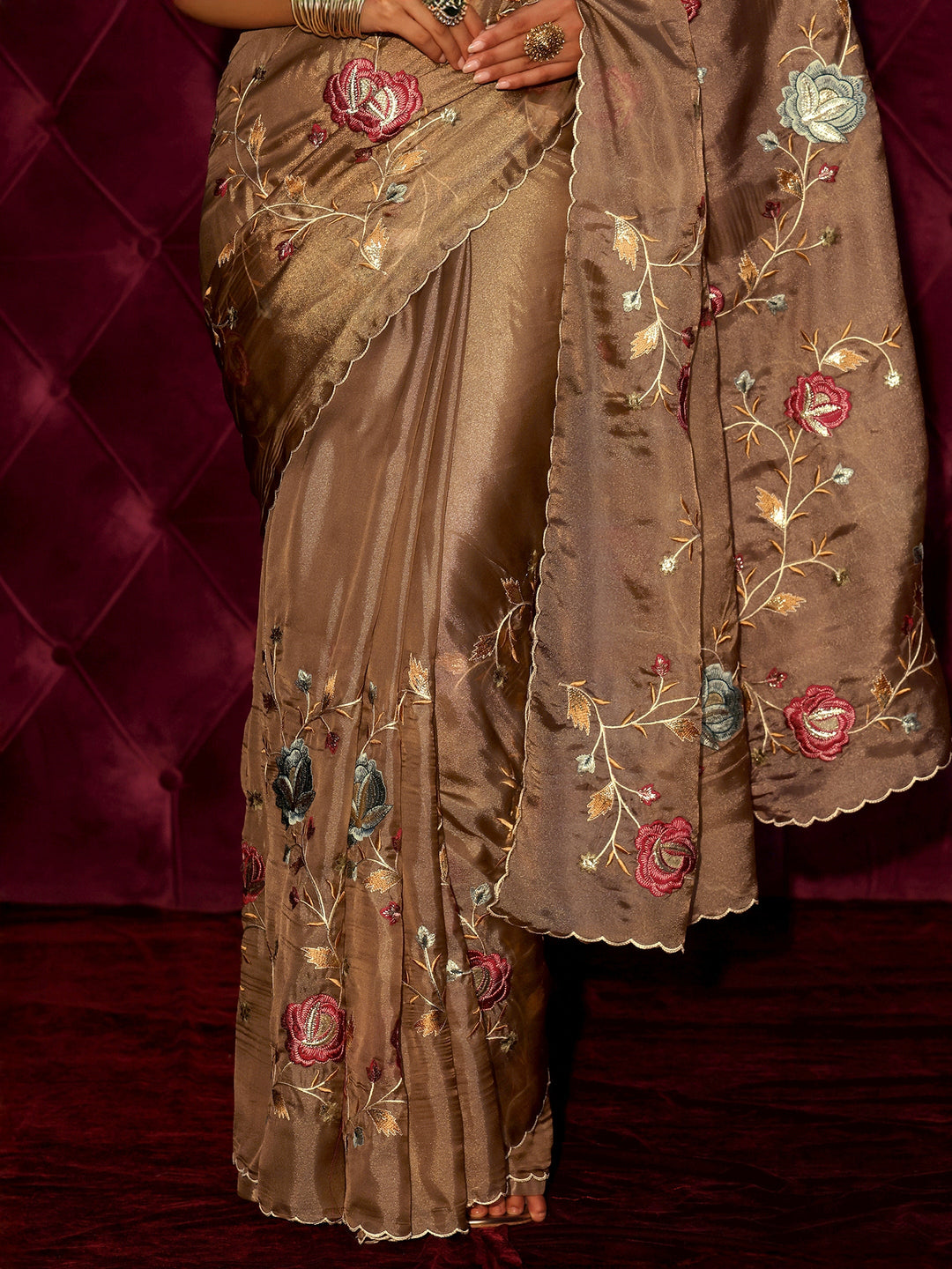  Libas Brown Floral Embroidered Tissue Saree 