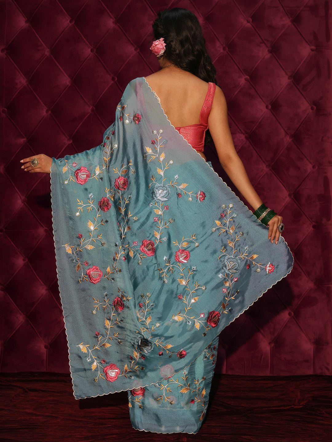  Libas Blue Floral Embroidered Tissue Saree 