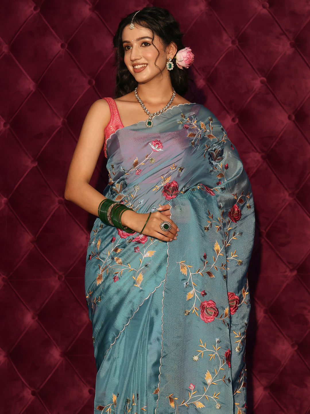  Libas Blue Floral Embroidered Tissue Saree 
