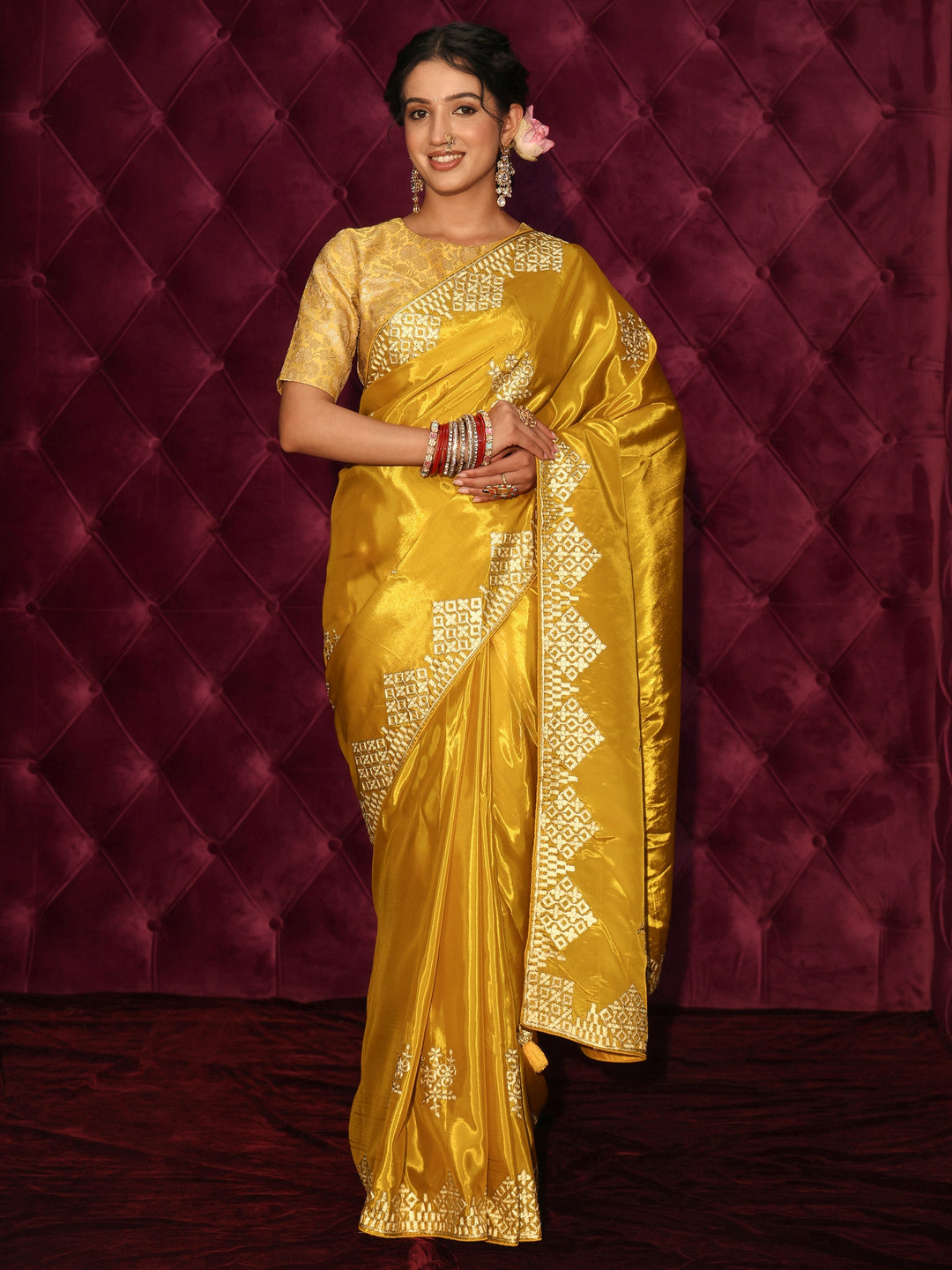  Libas Mustard Floral Embroidered Satin Saree 