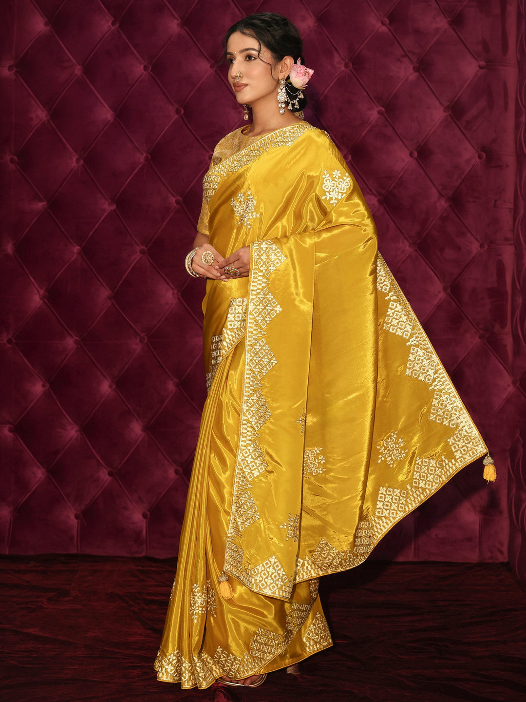  Libas Mustard Floral Embroidered Satin Saree 