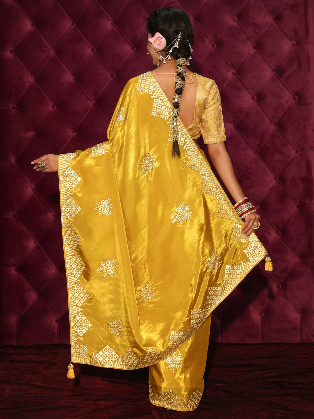  Libas Mustard Floral Embroidered Satin Saree 