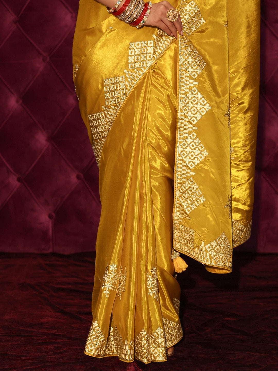  Libas Mustard Floral Embroidered Satin Saree 