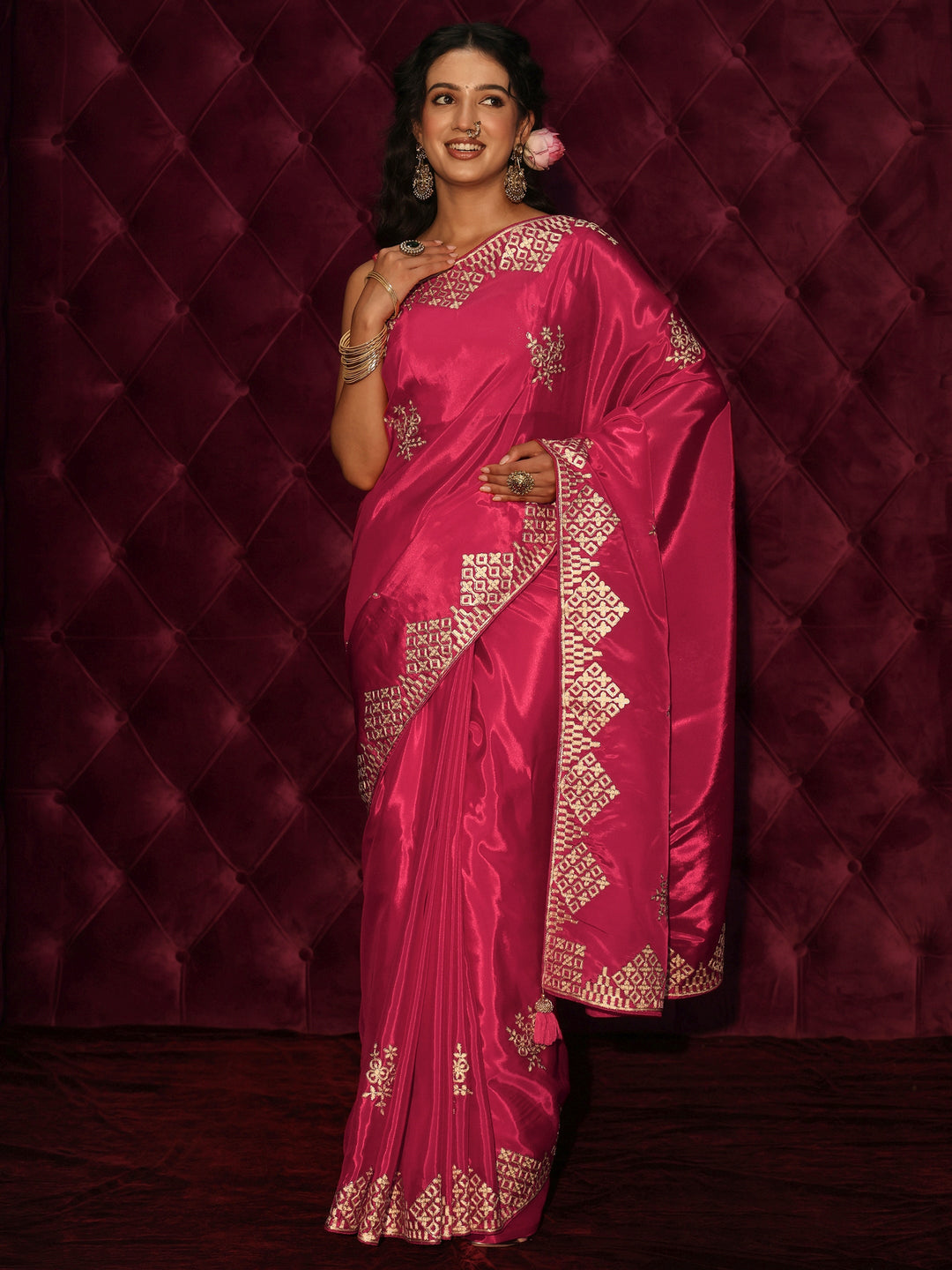  Libas Fuchsia Pink Floral Embroidered Satin Saree 