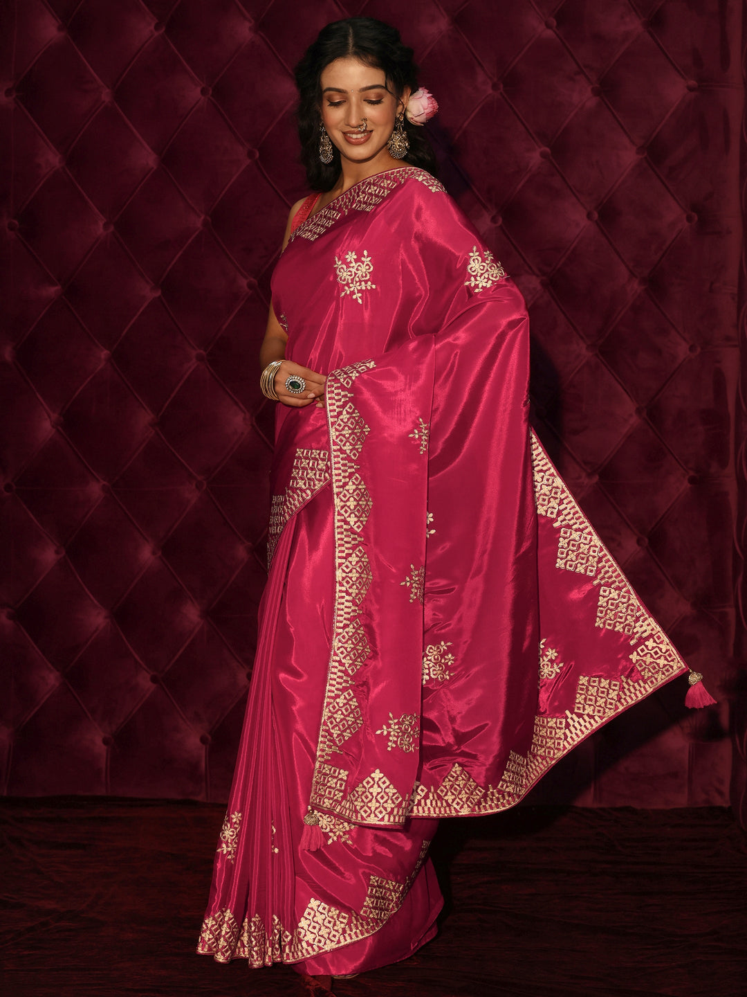  Libas Fuchsia Pink Floral Embroidered Satin Saree 