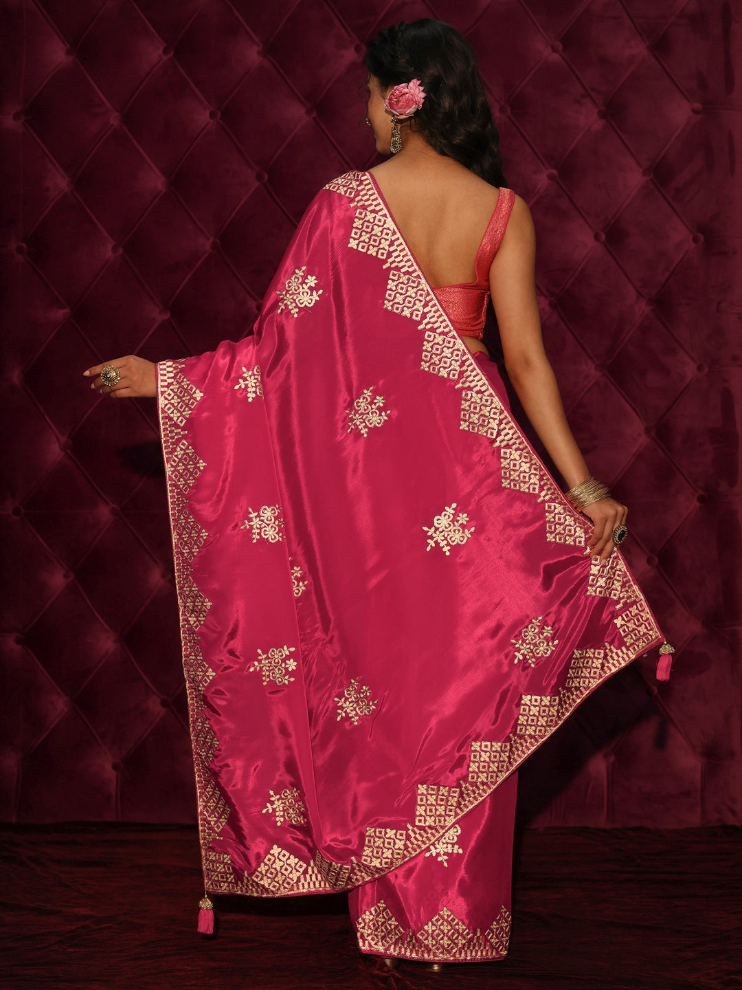  Libas Fuchsia Pink Floral Embroidered Satin Saree 