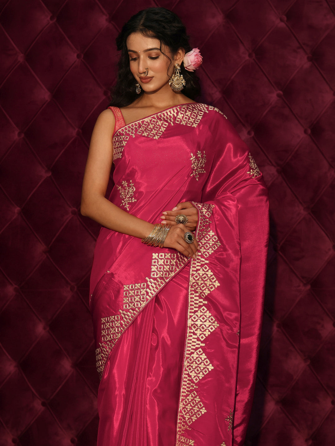  Libas Fuchsia Pink Floral Embroidered Satin Saree 