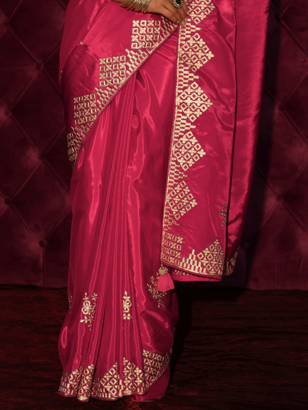  Libas Fuchsia Pink Floral Embroidered Satin Saree 