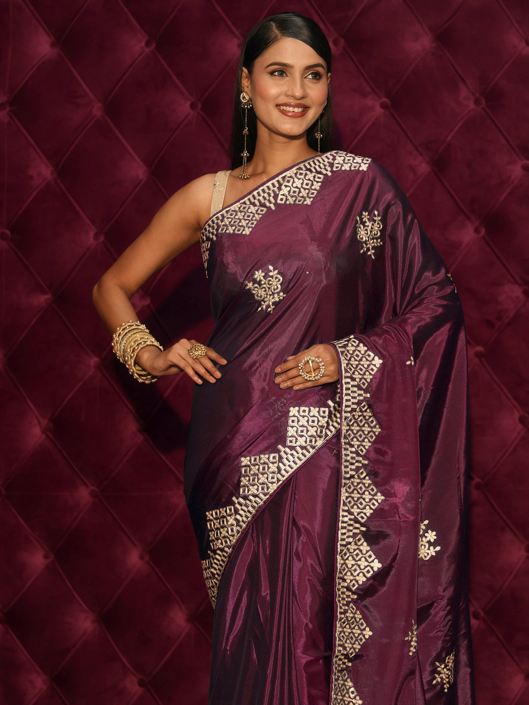  Libas Purple Floral Embroidered Satin Saree 