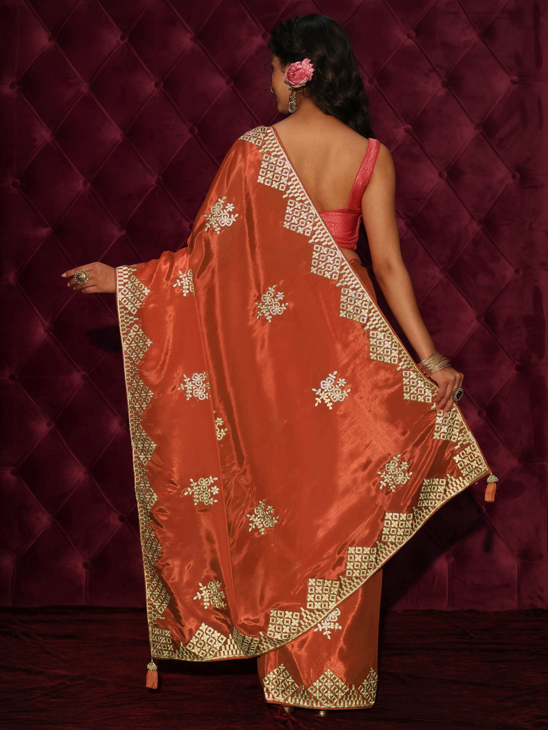  Libas Orange Floral Embroidered Satin Saree 