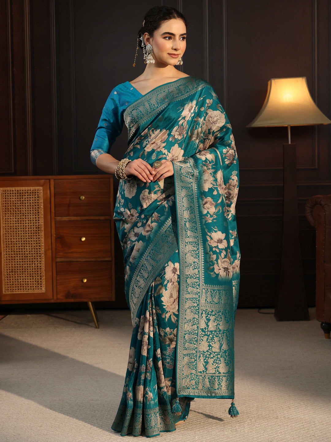  Libas Art Green Floral Printed Silk Blend Saree with Woven Border 