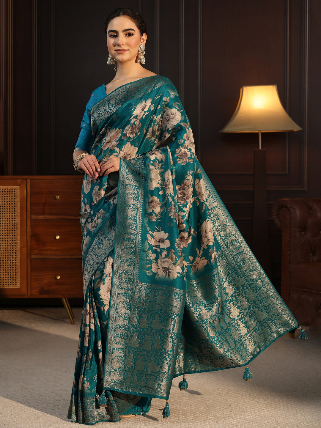  Libas Art Green Floral Printed Silk Blend Saree with Woven Border 