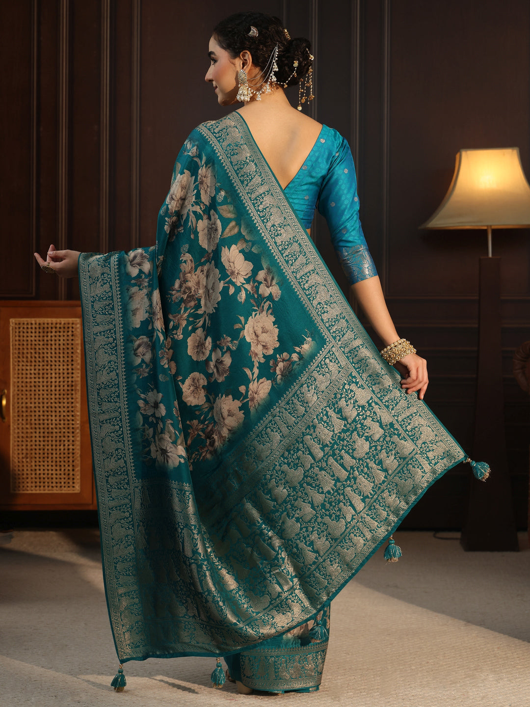  Libas Art Green Floral Printed Silk Blend Saree with Woven Border 