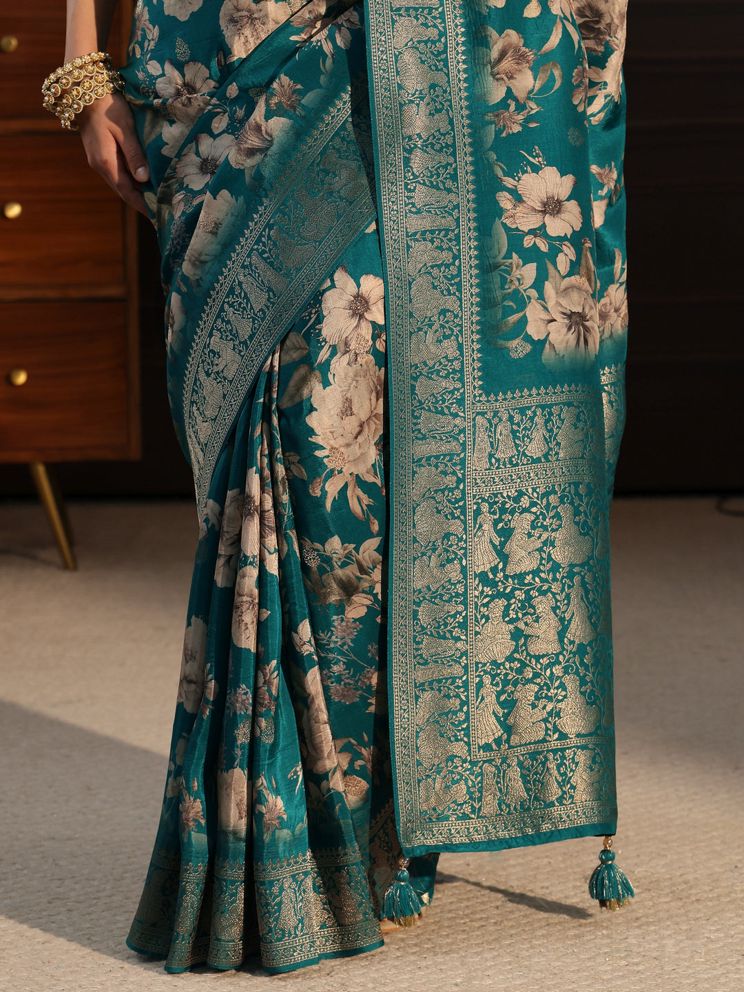  Libas Art Green Floral Printed Silk Blend Saree with Woven Border 