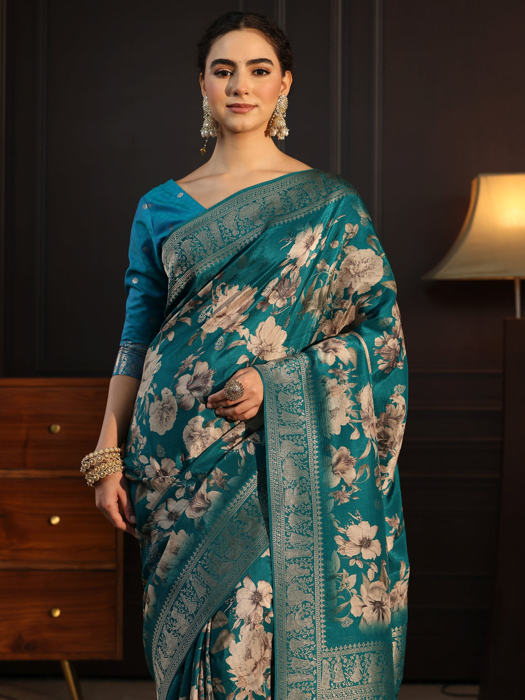  Libas Art Green Floral Printed Silk Blend Saree with Woven Border 