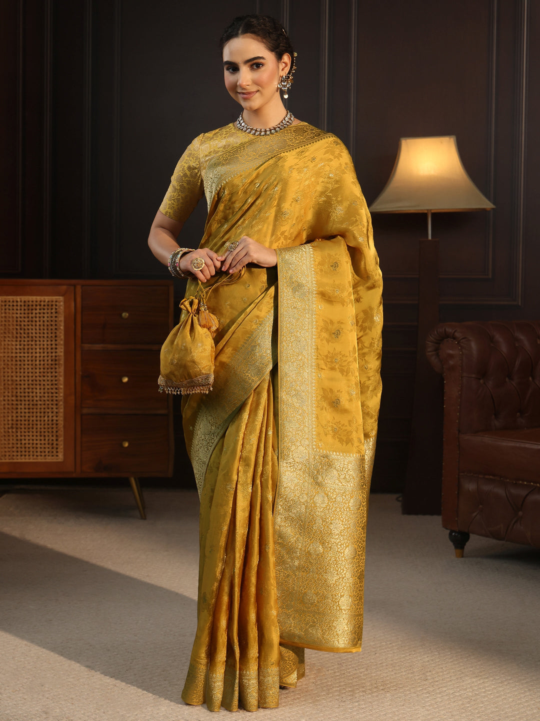  Libas Art Mustard Floral Woven Design Silk Blend Saree with Potli Bag 