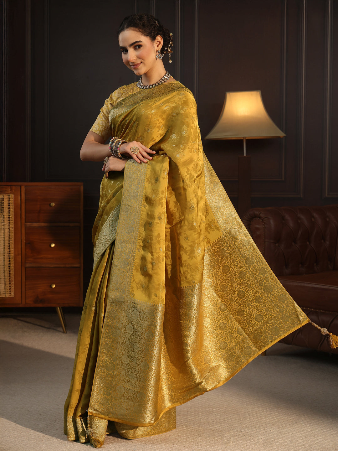  Libas Art Mustard Floral Woven Design Silk Blend Saree with Potli Bag 