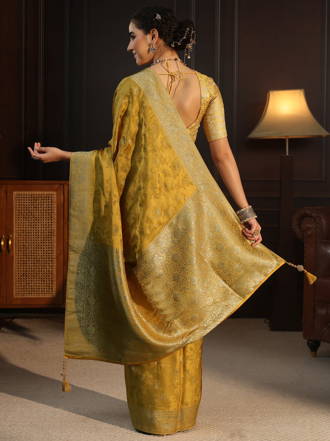  Libas Art Mustard Floral Woven Design Silk Blend Saree with Potli Bag 