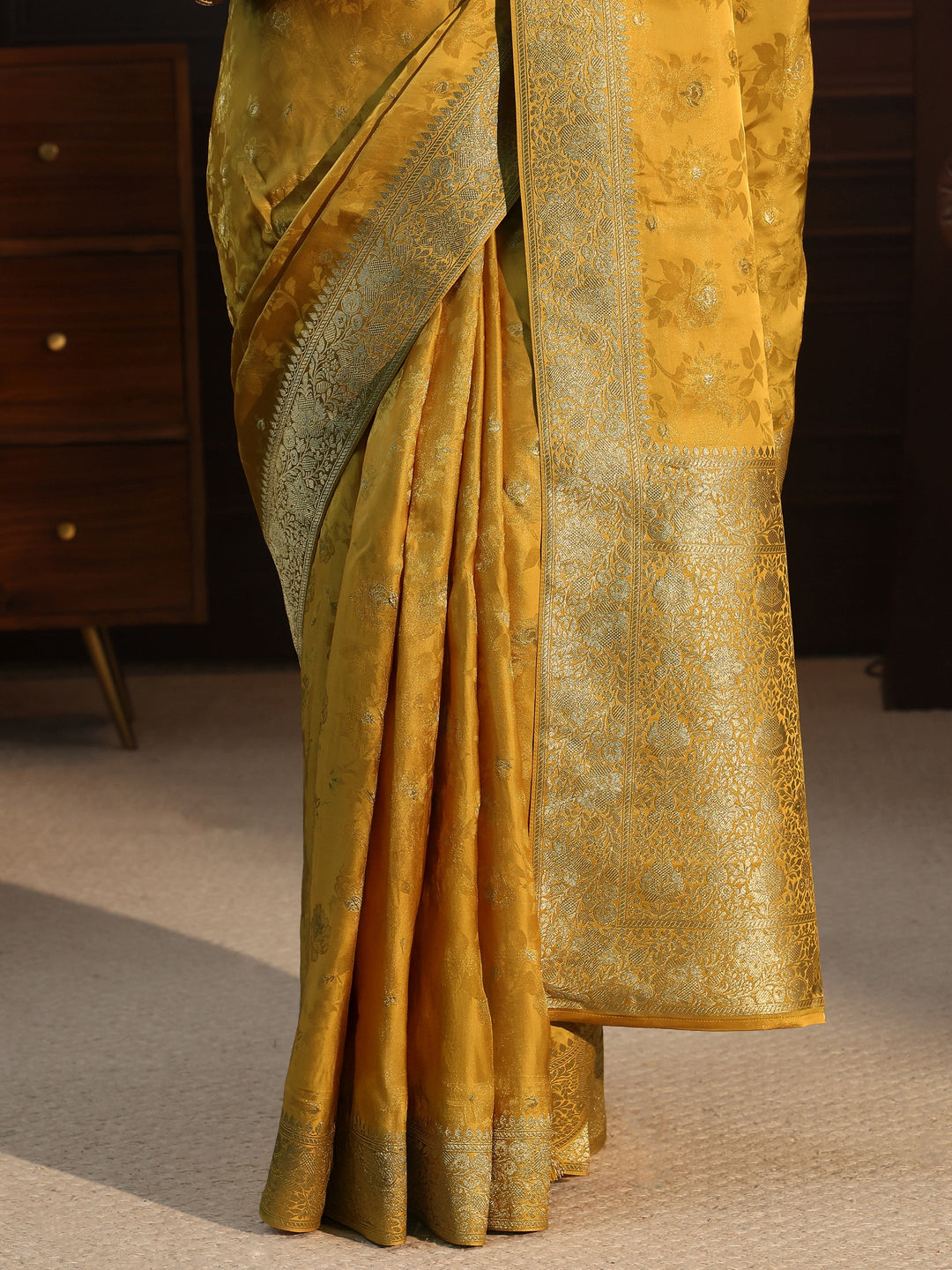  Libas Art Mustard Floral Woven Design Silk Blend Saree with Potli Bag 
