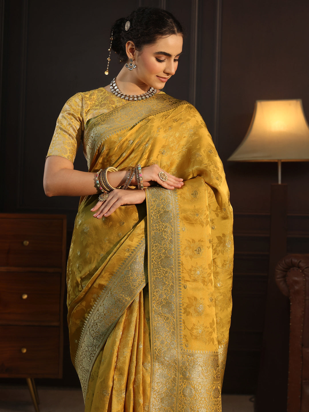  Libas Art Mustard Floral Woven Design Silk Blend Saree with Potli Bag 