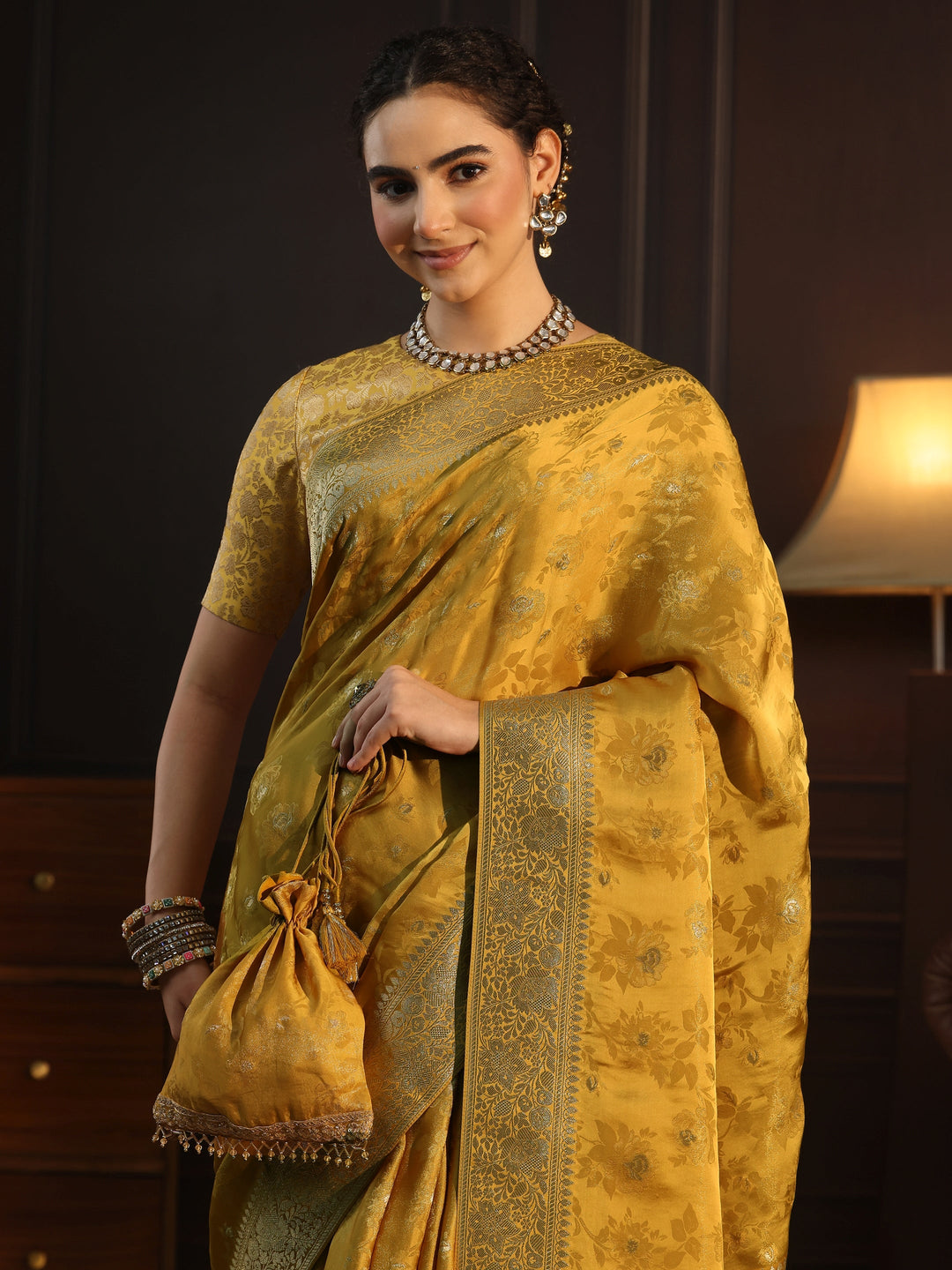  Libas Art Mustard Floral Woven Design Silk Blend Saree with Potli Bag 