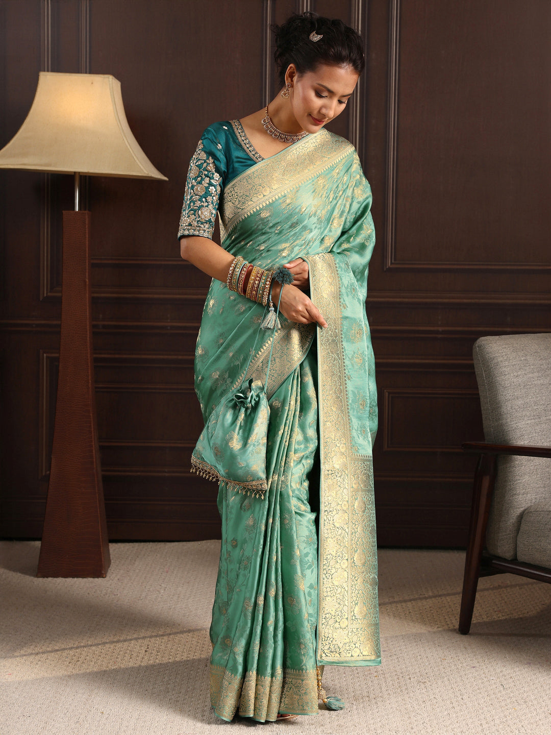 Libas Art Sea Green Floral Woven Design Silk Blend Saree with Potli Bag 